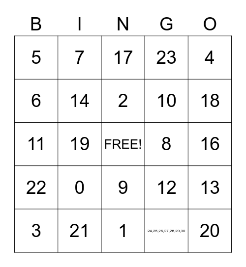 PEMDAS Bingo Card