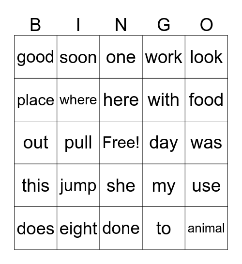 Grade 1 HF Bingo Card