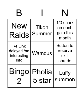 GBF stream Bingo Card