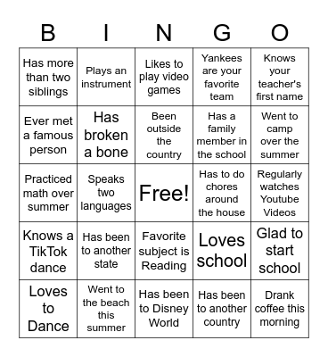 First Day of School Bingo Card