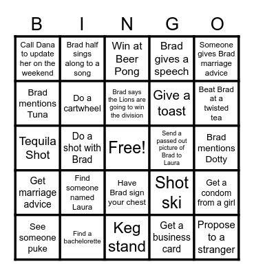 Brads Bachelor Party Bingo Card