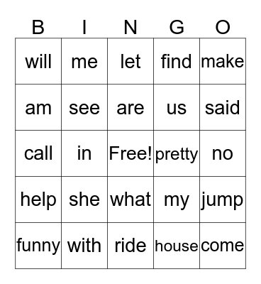Sight Word Bingo Card