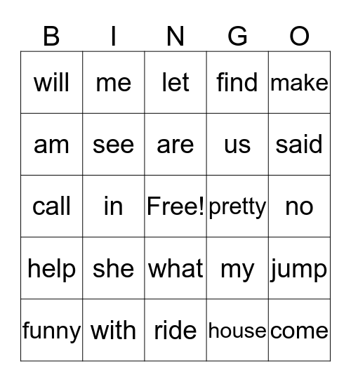 Sight Word Bingo Card