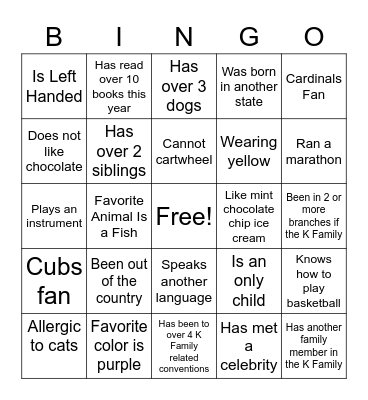 Kiwanis Family Bingo Card