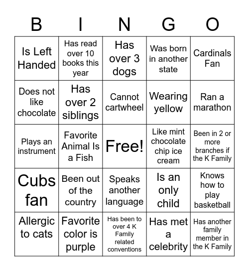 Kiwanis Family Bingo Card