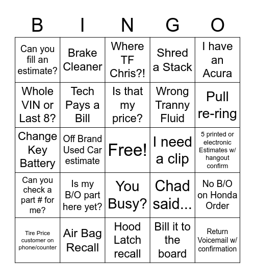 In - Pull re-ring / Out - Tow Bill PO Bingo Card