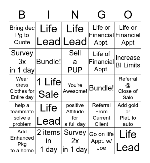 In order have a big awesome life, I must think big awesome thoughts.  Bingo Card