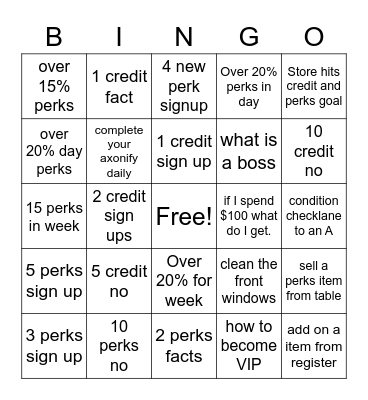Perks/Credit Bingo Card
