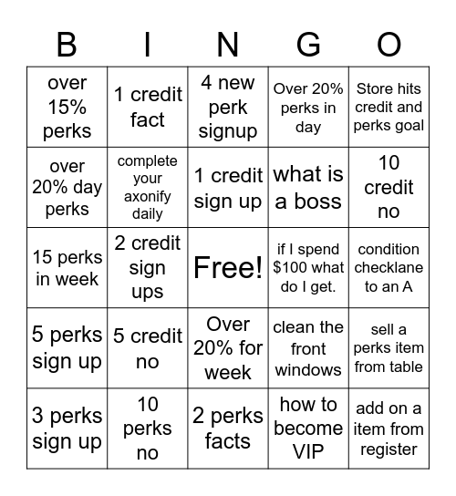 Perks/Credit Bingo Card