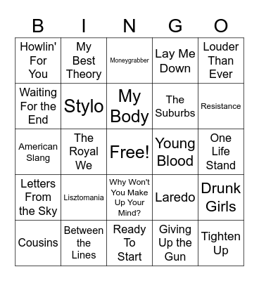 2010s Alternative Hits Bingo Card