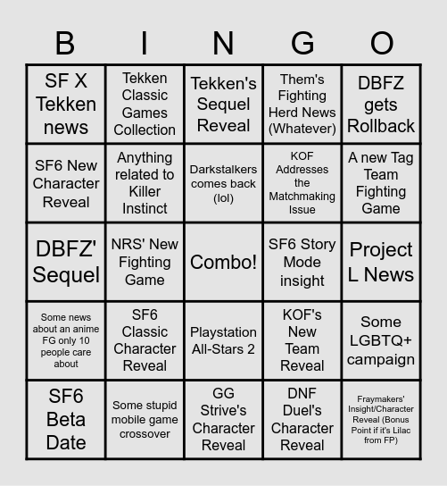 Evo Reveals Bingo Card