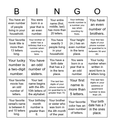 Math Bingo:  Getting To Know My Classmates Bingo Card