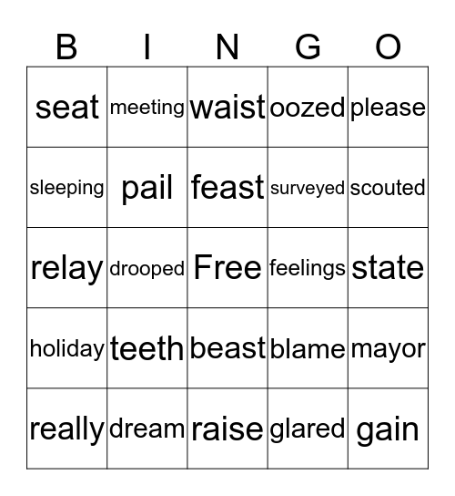 Spelling Word Bingo Card