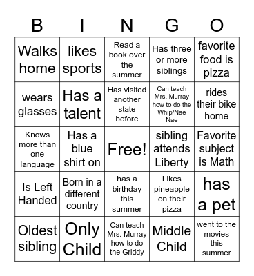 Classmate Bingo Card