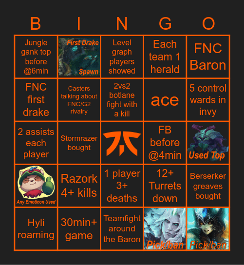 FNC vs G2 Summer22 R2 Bingo Card