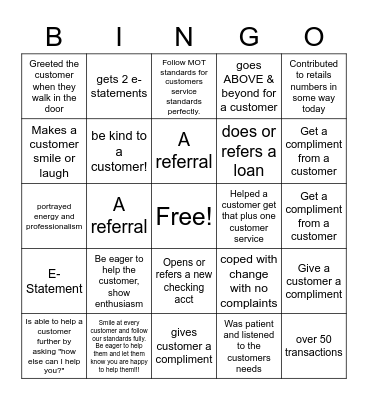 Customer Service Bingo Card