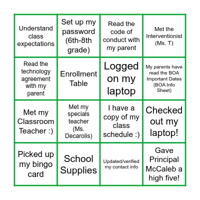 BOA Meet the Teacher Passport Card Bingo Card