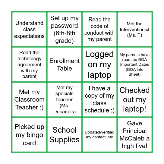 BOA Meet the Teacher Passport Card Bingo Card