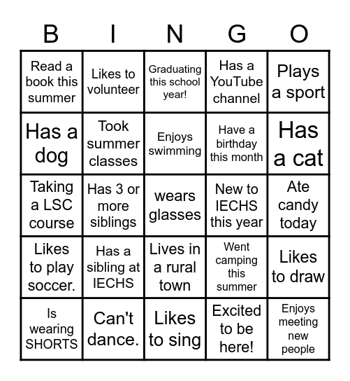 BACK TO SCHOOL BINGO Card