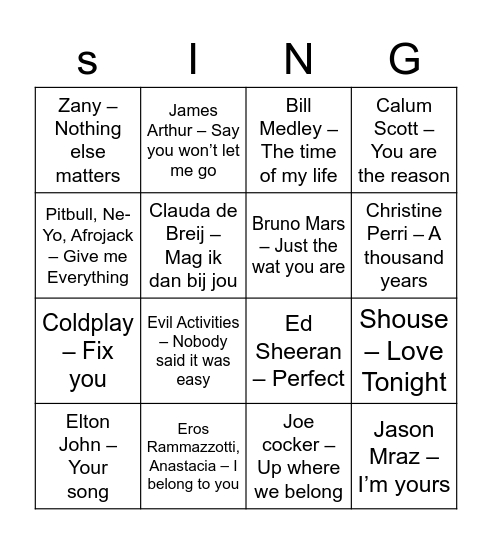 ZF - Wedding Songs Swingo Bingo Card