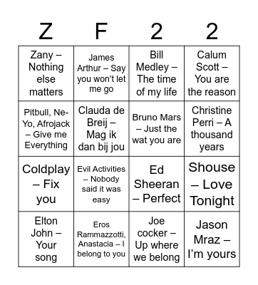 Wedding Songs Swingo Bingo Card