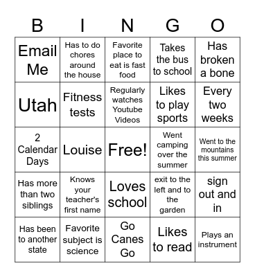 First Day of School Bingo Card