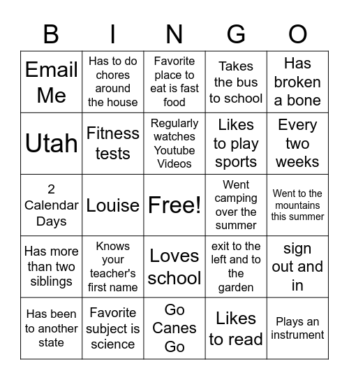 First Day of School Bingo Card