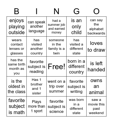 Welcome Back Bingo Card