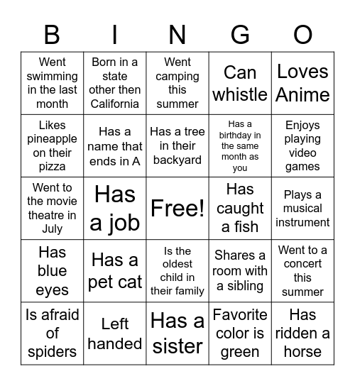 Math Bingo Card