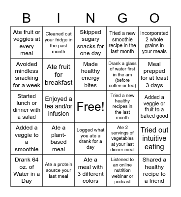 Nutrition Bingo Card