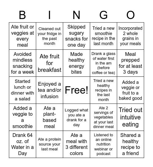 Nutrition Bingo Card