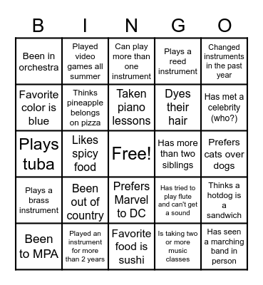 Advanced Band Bingo! Bingo Card