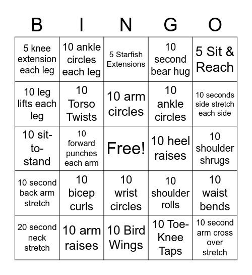 Chair Fitness Bingo Card