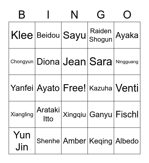 Genshin Impact Bingo Card