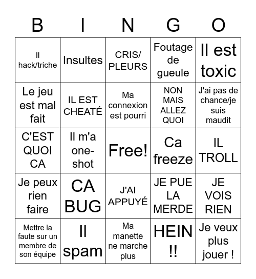 Excuses de Gamer Bingo Card