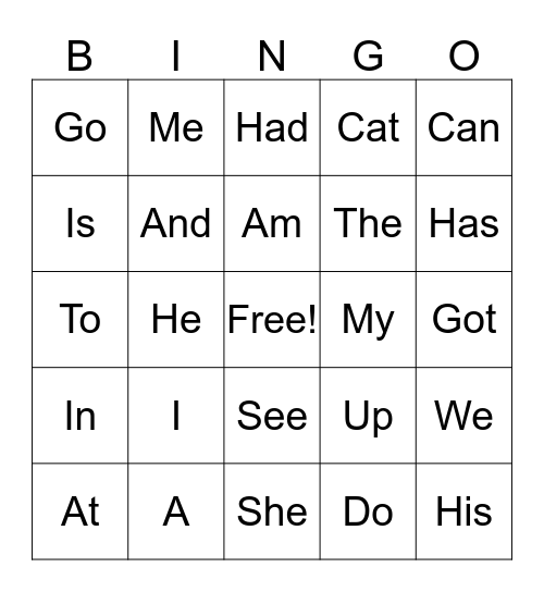 Kindergarten Sight Word Bingo Card