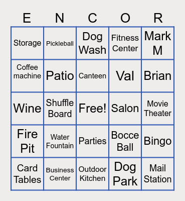 Encore Amenities Bingo Card