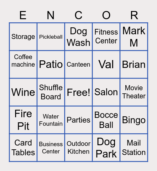 Encore Amenities Bingo Card