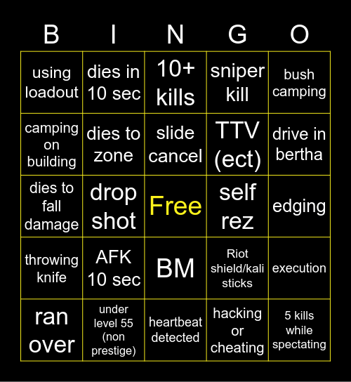 Warzone Bingo Card