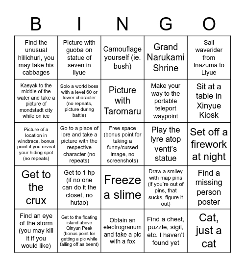 Genshin Bingo! Bingo Card