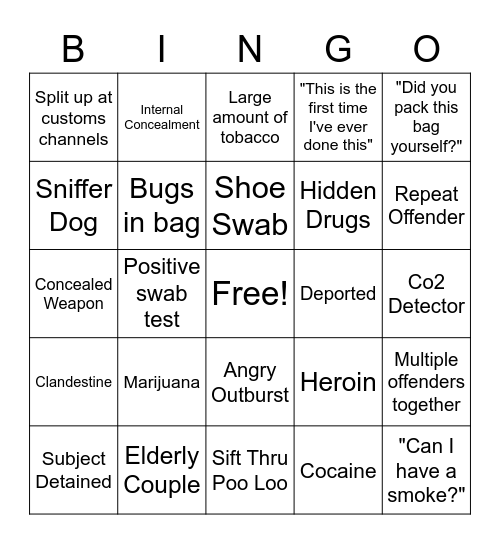 Customs TV Show Bingo Card