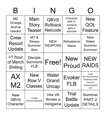 GBF Summer Stream 2022 Bingo Card