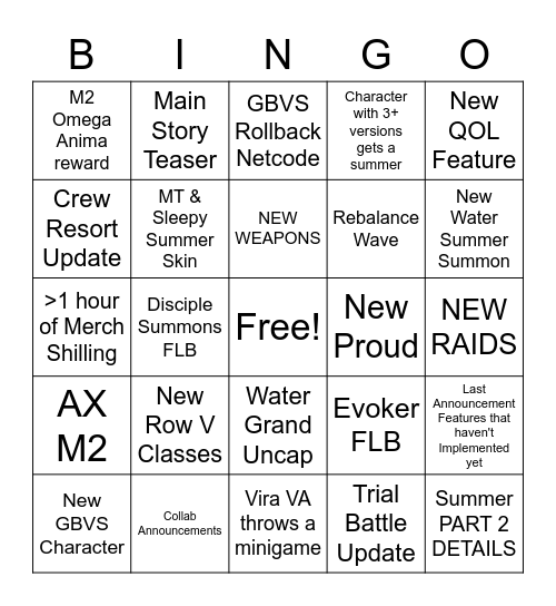 GBF Summer Stream 2022 Bingo Card