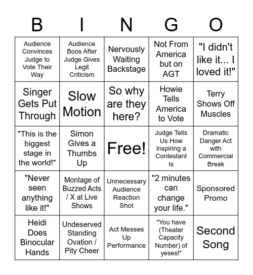 AGT Live Bingo Card