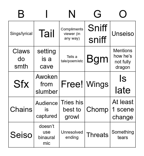 Vox Dragon ASMR Bingo Card