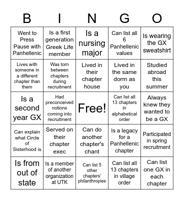 Gamma Chi Bingo Card