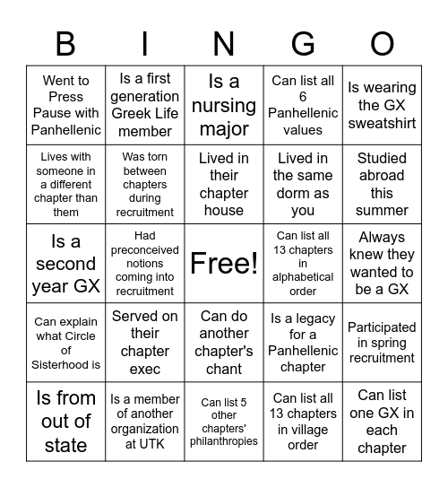 Gamma Chi Bingo Card