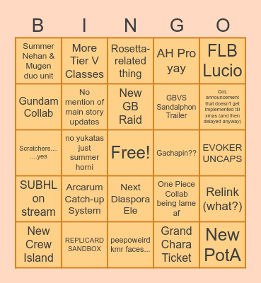Spag GBF Summer '22 Bingo Card