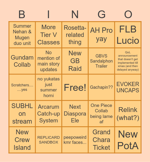 Spag GBF Summer '22 Bingo Card