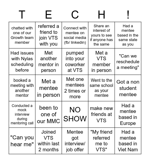 Mentor Monthly Connect - VTS Bingo Card
